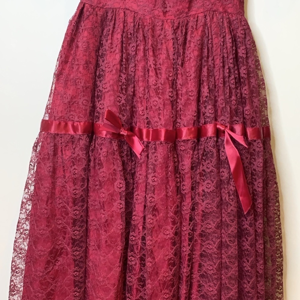 Vintage 70s 80s Crimson Lace Full Sweep Victorian Puff Sleeves Petticoat Gown S - Picture 14 of 17
